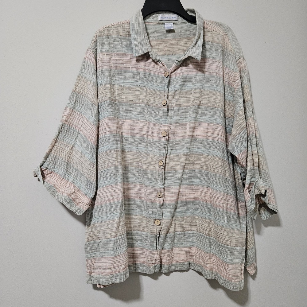 Maggie & Max Women 3X Cotton Textured Striped Button Front Blouse 3/4 Sleeve Top